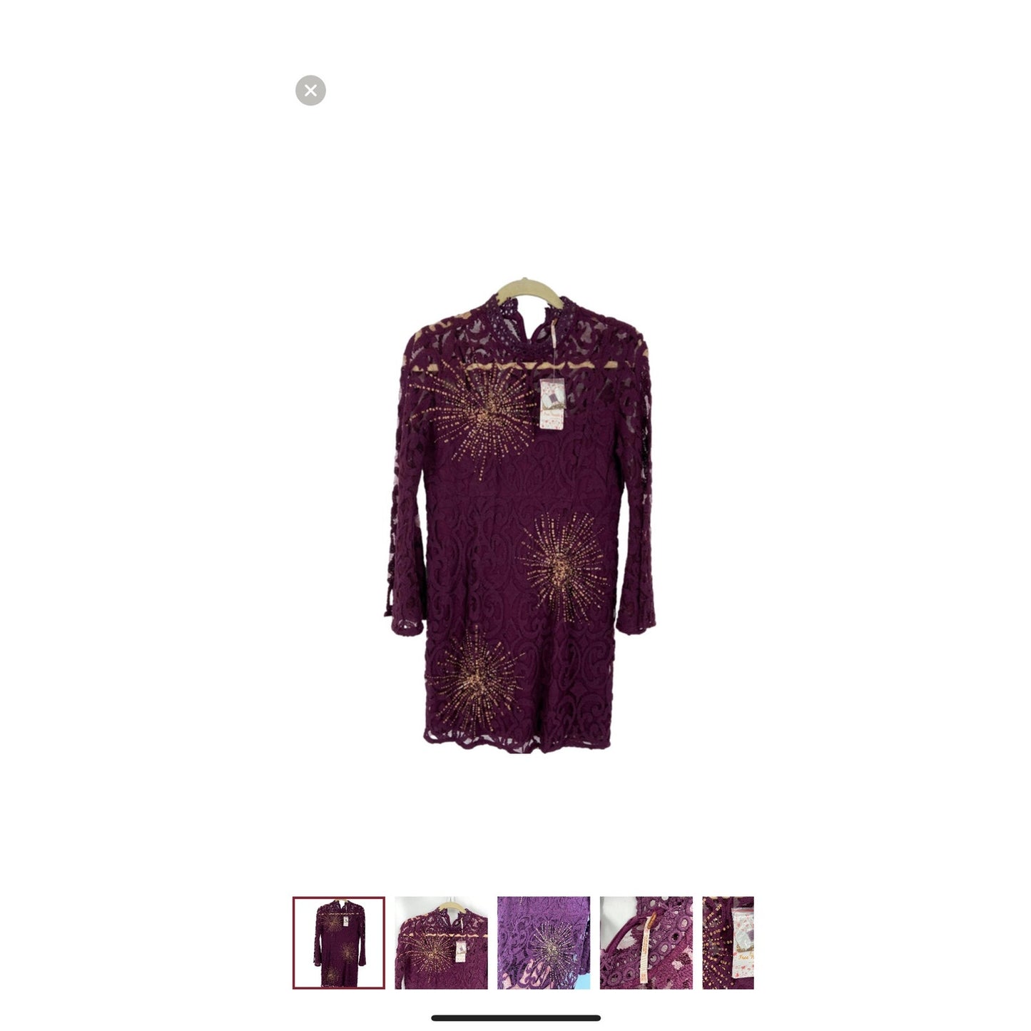 Free People Women's Crochet Lace Starburst Dress Size 8 Plum Bell Sleeves