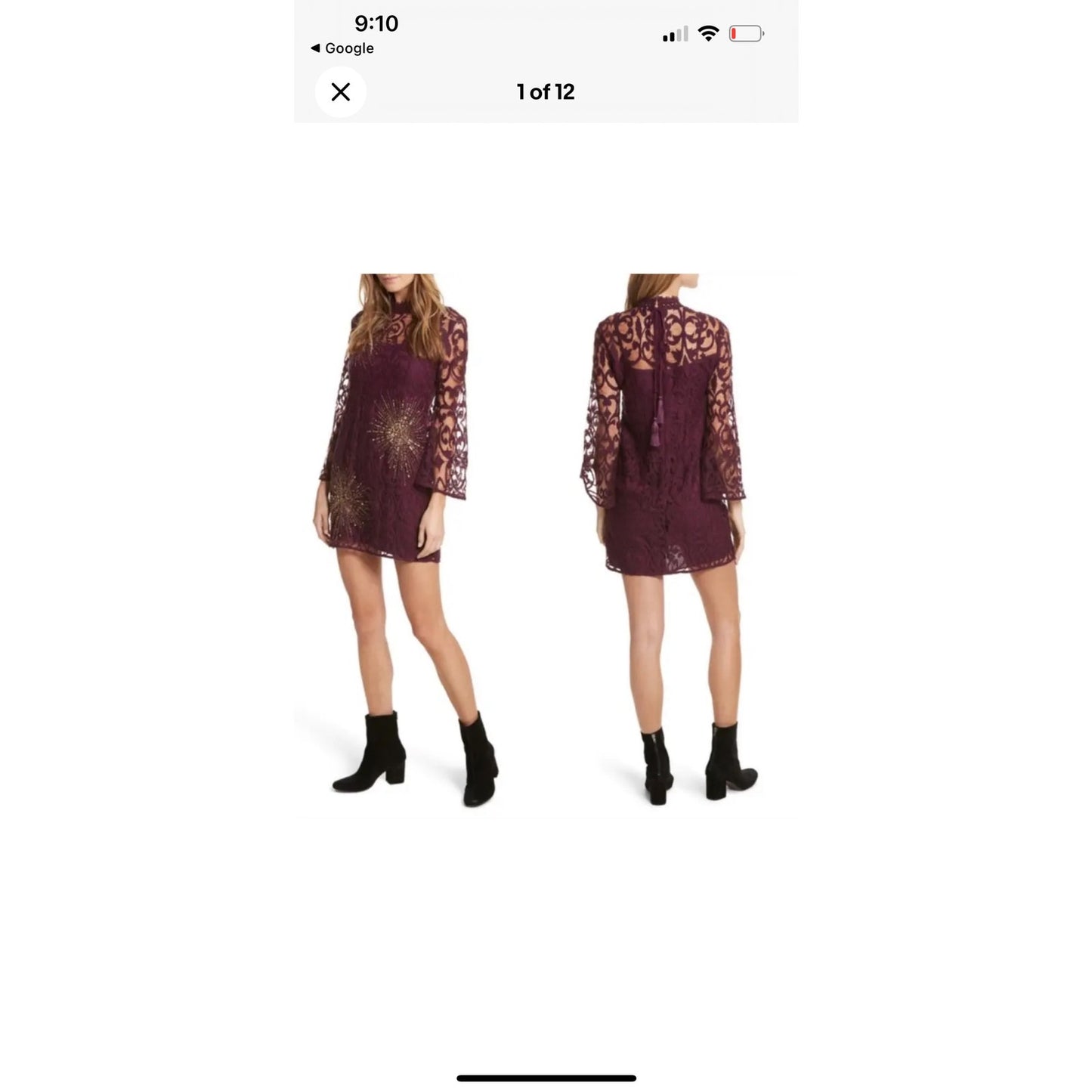 Free People Women's Crochet Lace Starburst Dress Size 8 Plum Bell Sleeves