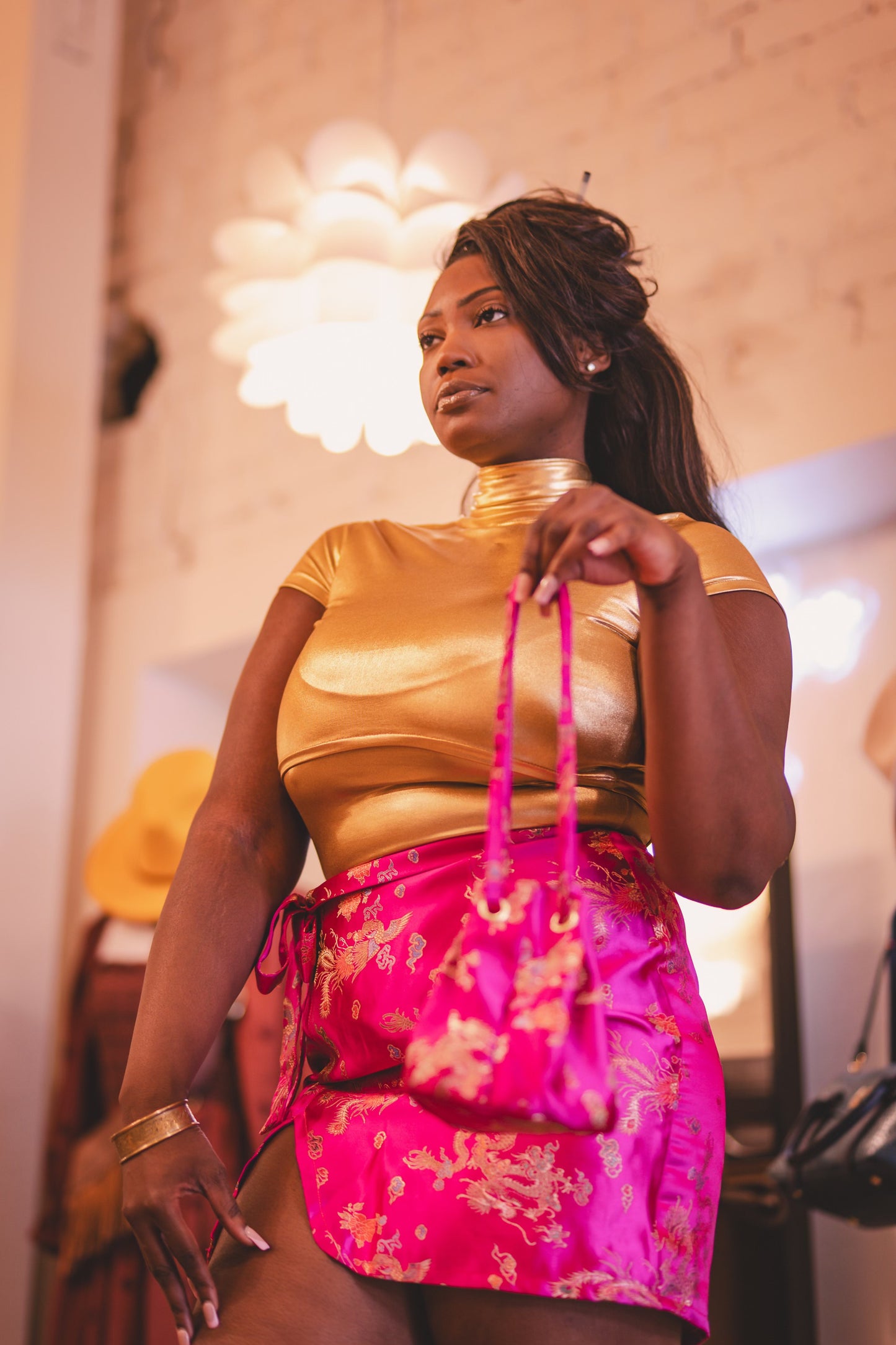 Cynise Cheri Upcycled Pink Brocade Bag & Matching Skirt