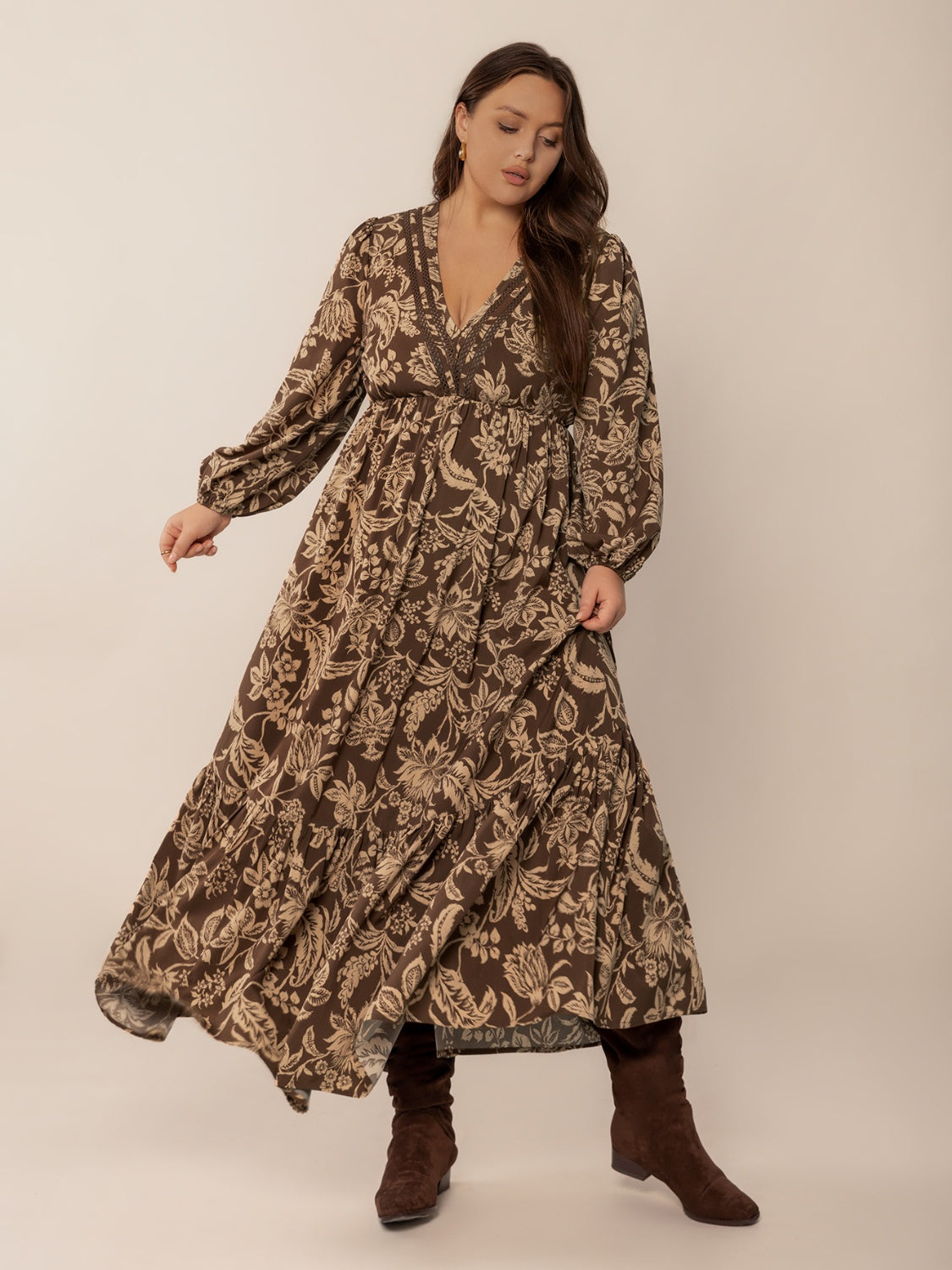 Plus Size Printed V-Neck Balloon Sleeve Maxi Dress Camel / 3XL Plus Size Printed V-Neck Balloon Sleeve Maxi Dress Camel / 3XL