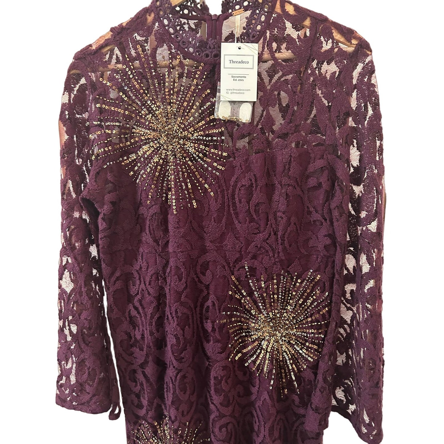 Free People Women's Crochet Lace Starburst Dress Size 8 Plum Bell Sleeves