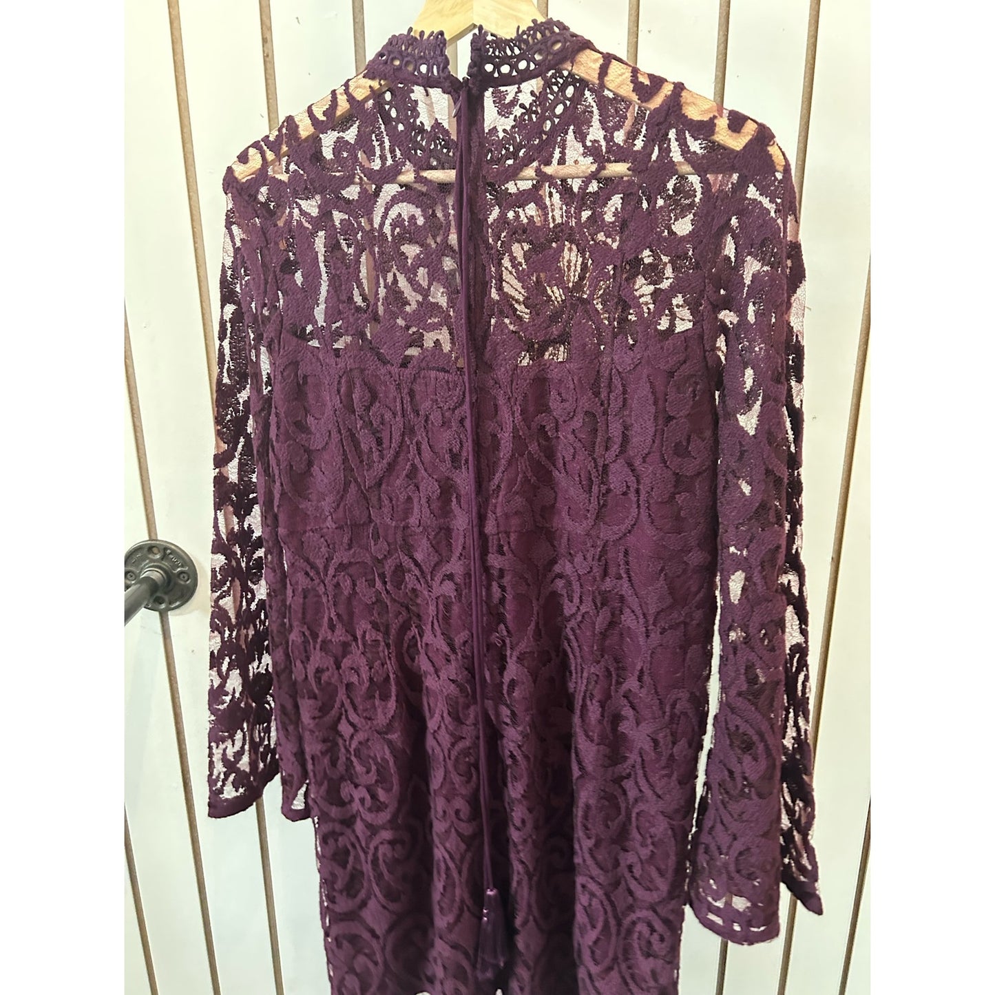 Free People Women's Crochet Lace Starburst Dress Size 8 Plum Bell Sleeves