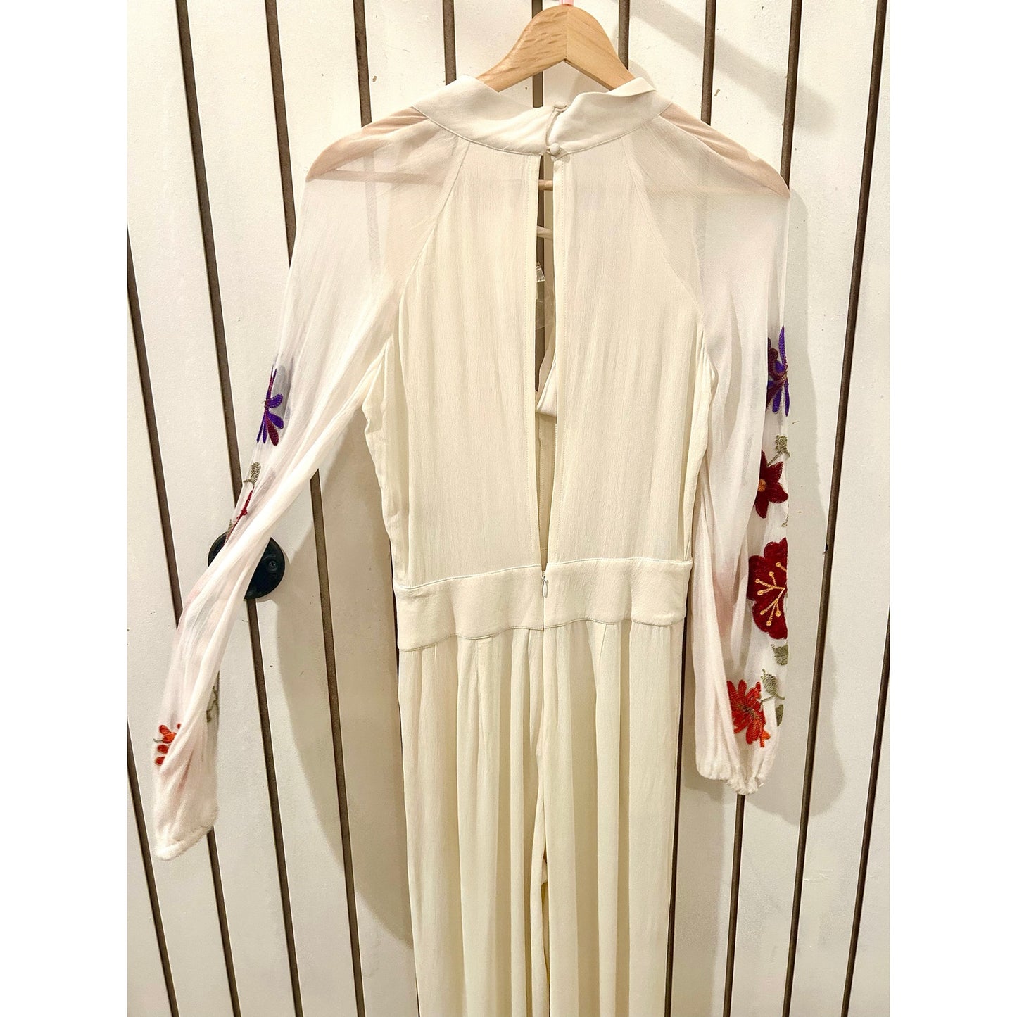 Free People Cream Embroidered Long Sleeve Jumpsuit