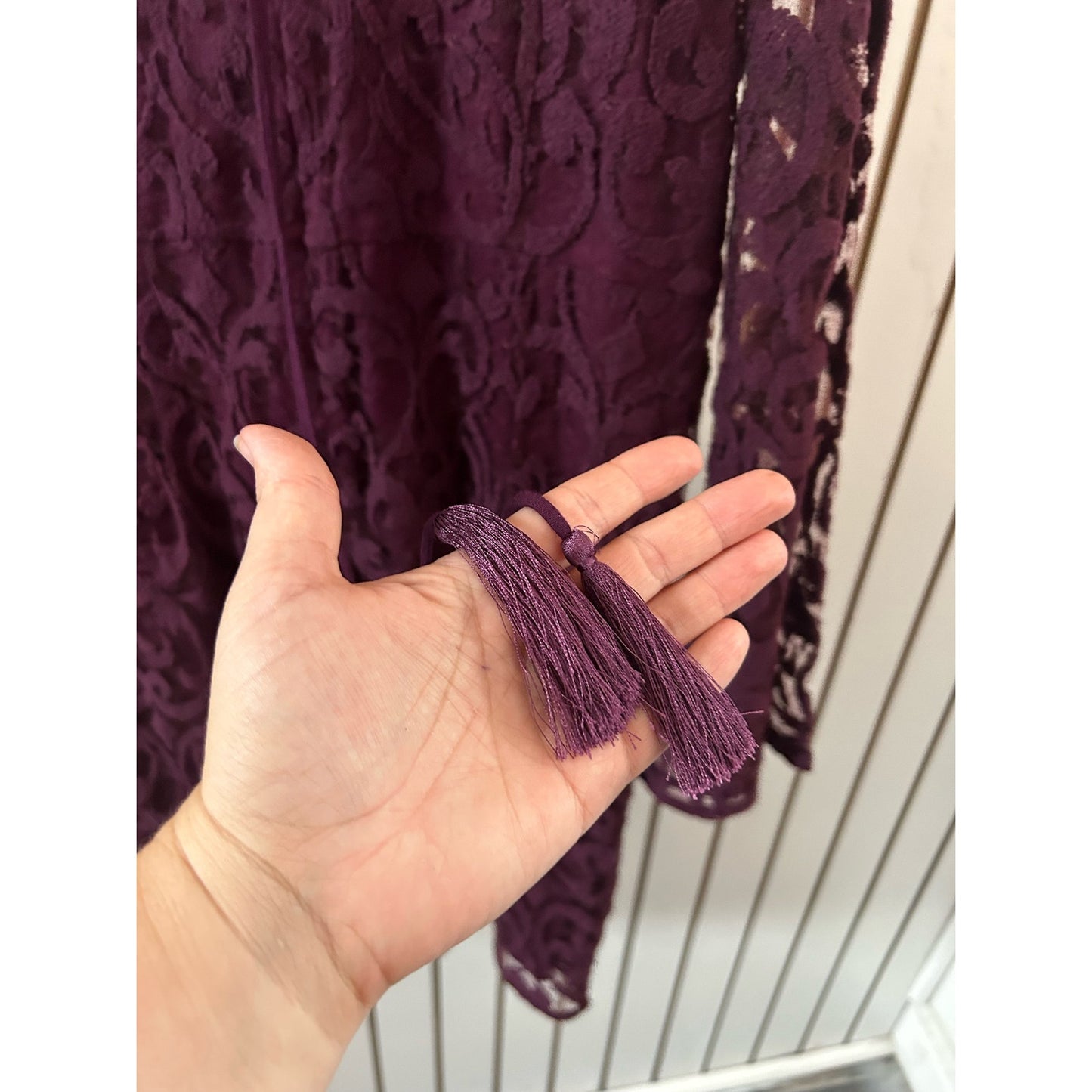 Free People Women's Crochet Lace Starburst Dress Size 8 Plum Bell Sleeves