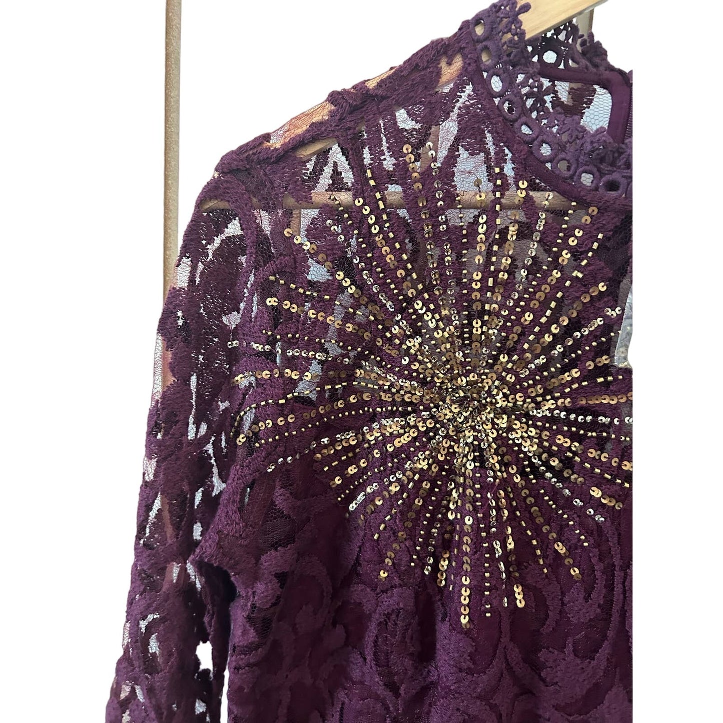 Free People Women's Crochet Lace Starburst Dress Size 8 Plum Bell Sleeves