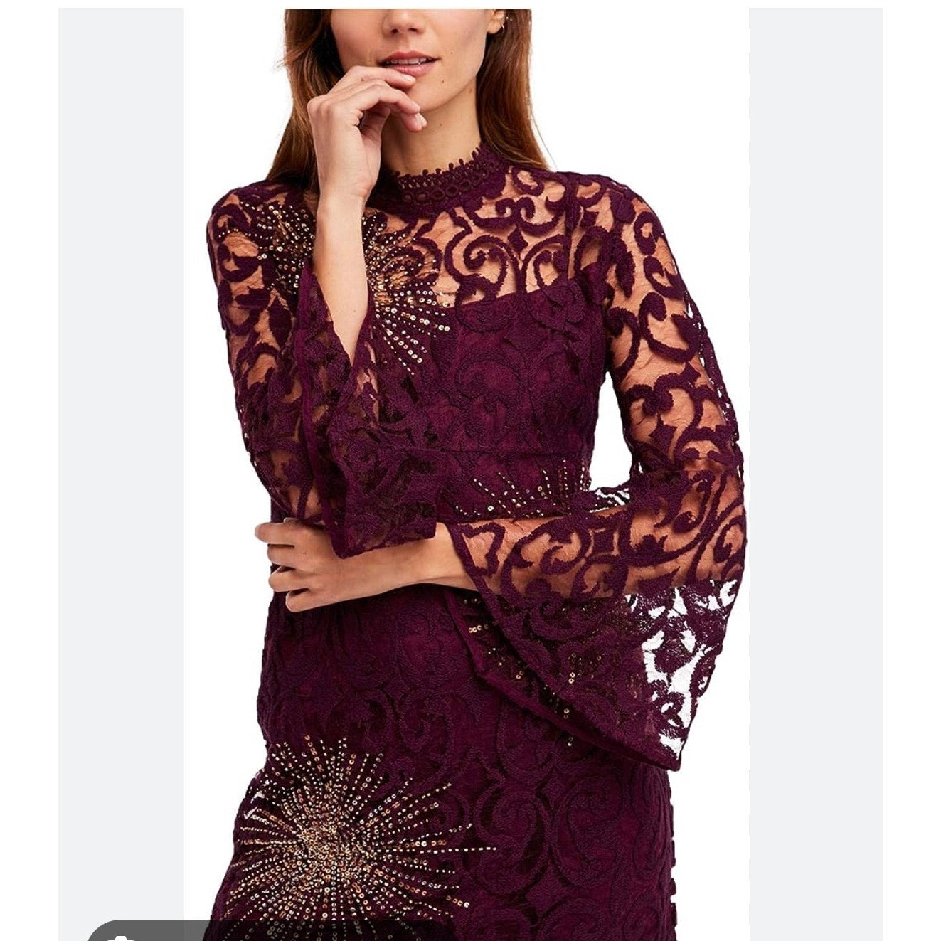 Free People Women's Crochet Lace Starburst Dress Size 8 Plum Bell Sleeves