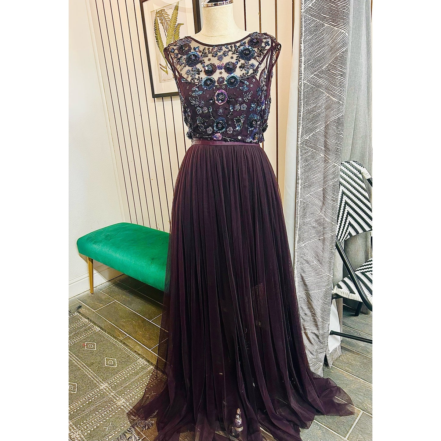 Needle & Thread Burgundy Beaded Mariel Aubrrgine Sequin Maxi Dress Size 2