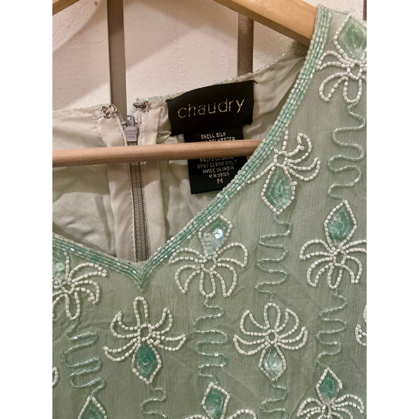 Chaudry Silk Beaded Teal and White Blouse Size M