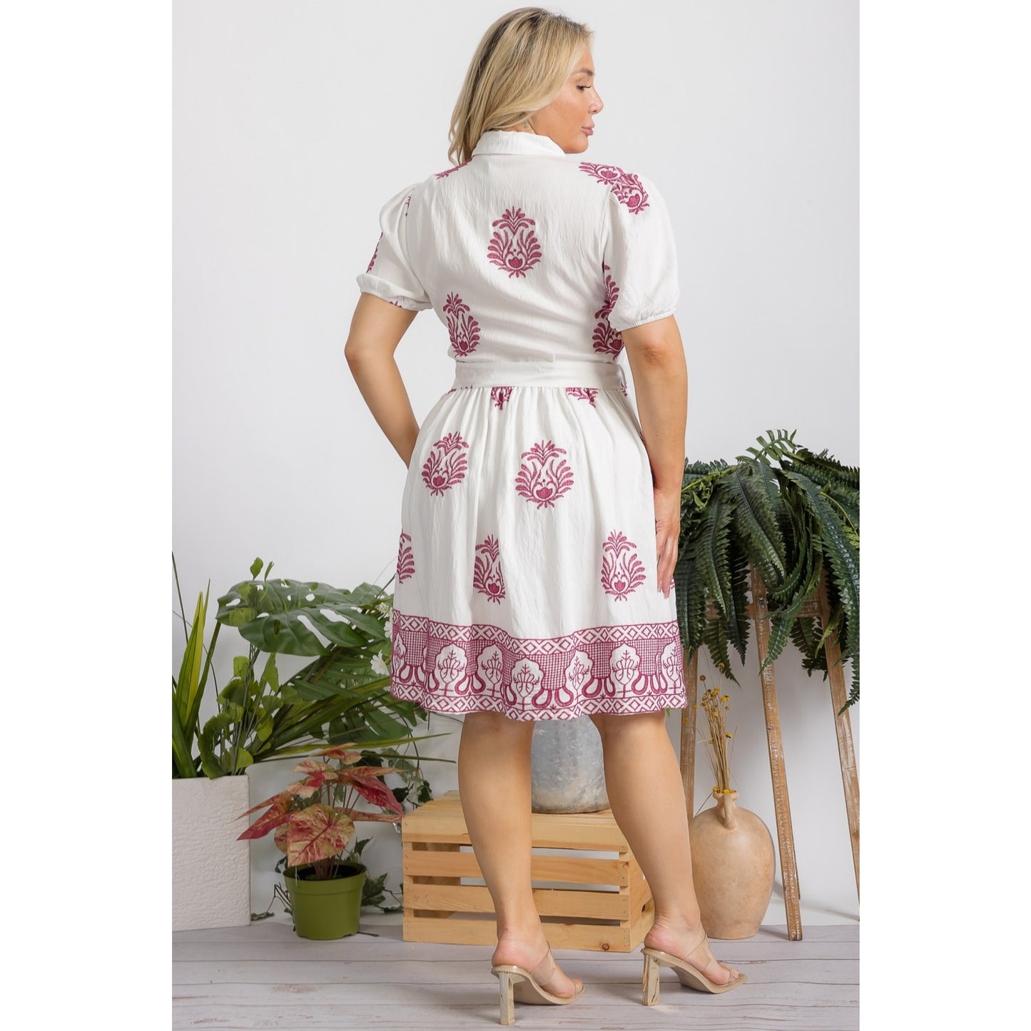 Pink and White Embroidered Plus Size Dress