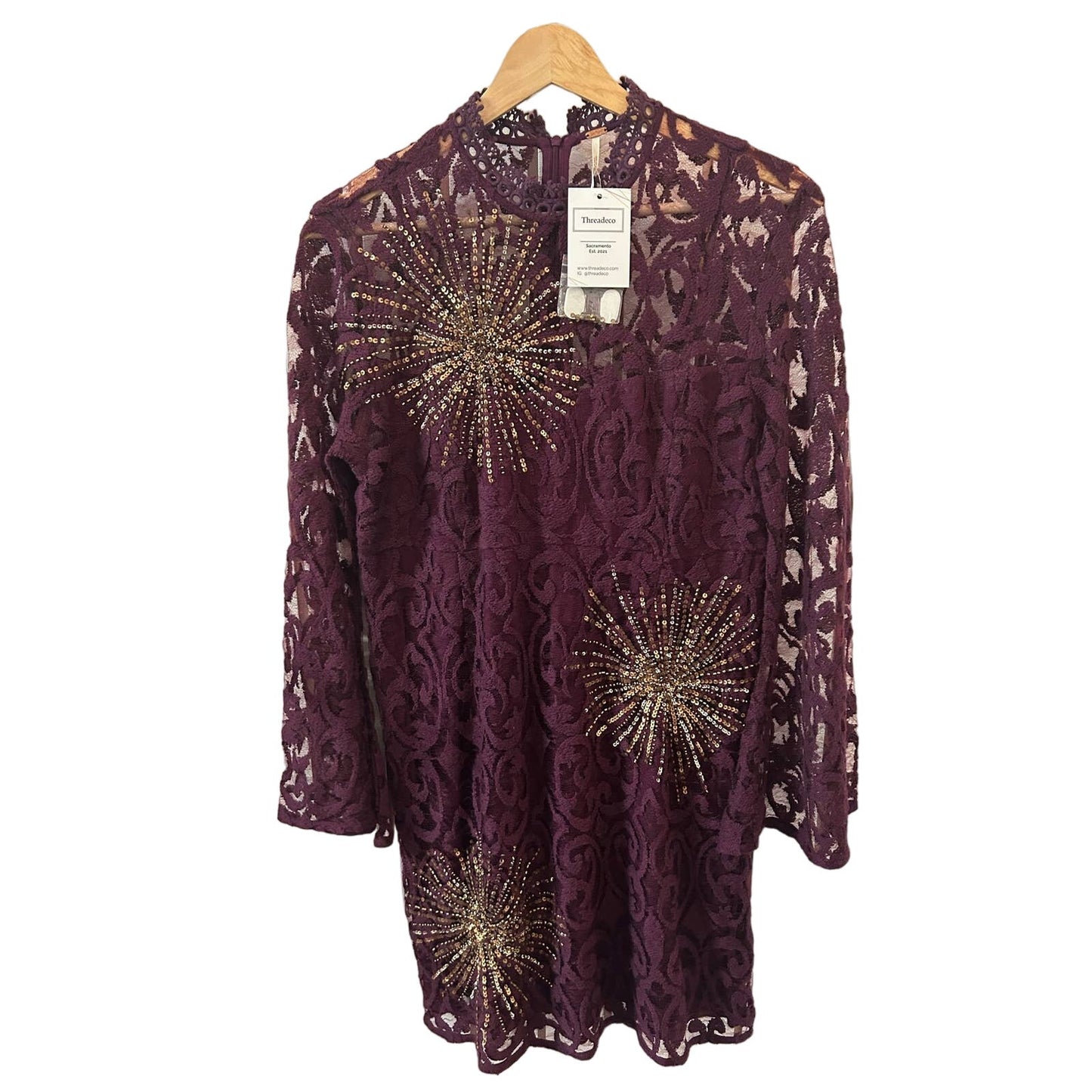 Free People Women's Crochet Lace Starburst Dress Size 8 Plum Bell Sleeves