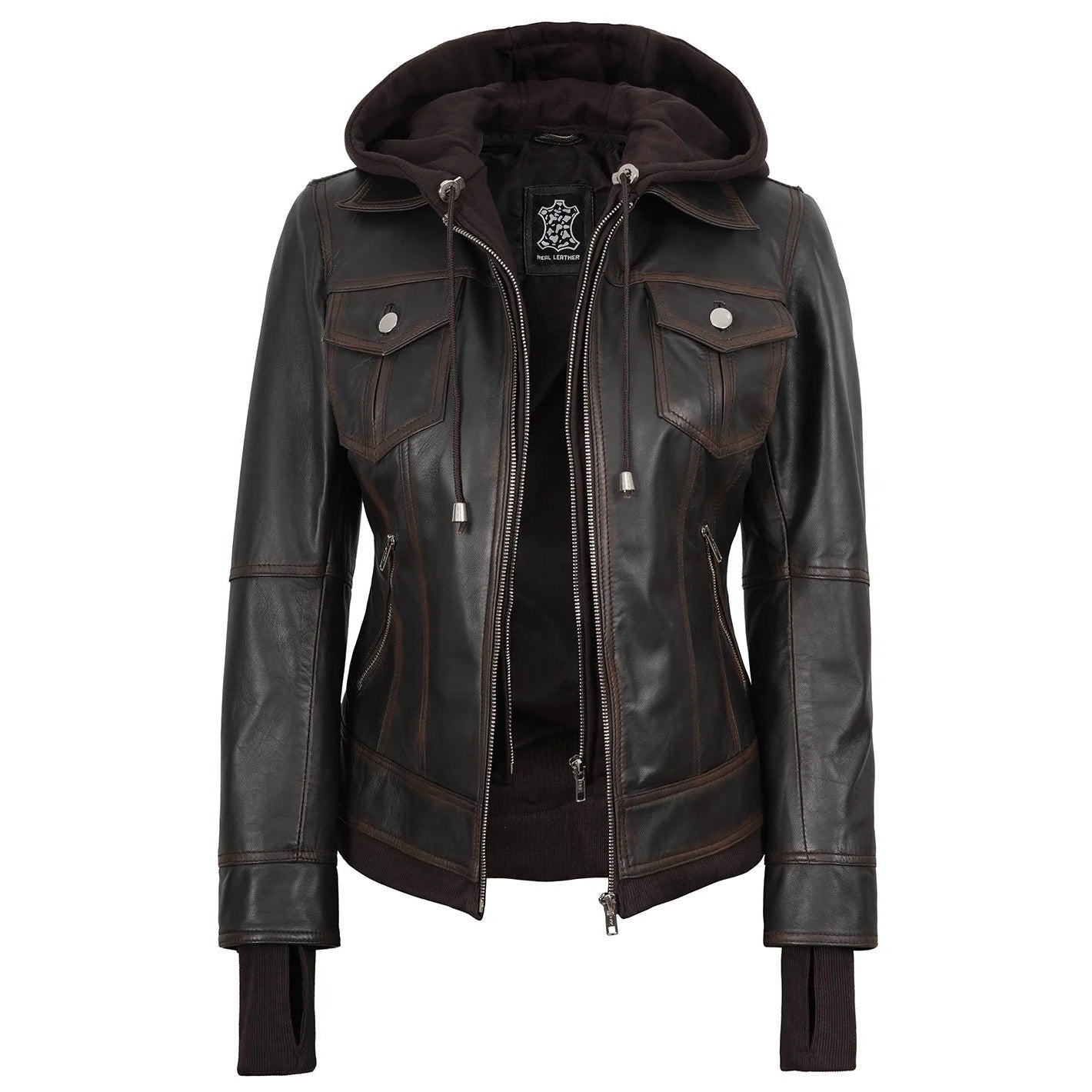 Decrum Genuine Leather Tralee Women Dark Brown Bomber Jacket With Removable Hood - S