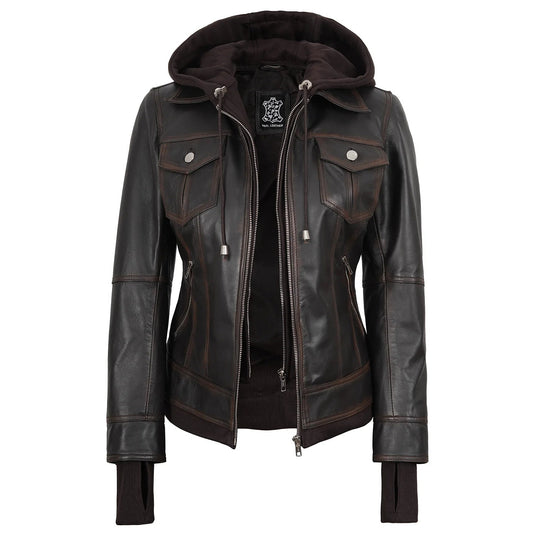 Decrum Genuine Leather Tralee Women Dark Brown Bomber Jacket With Removable Hood - S