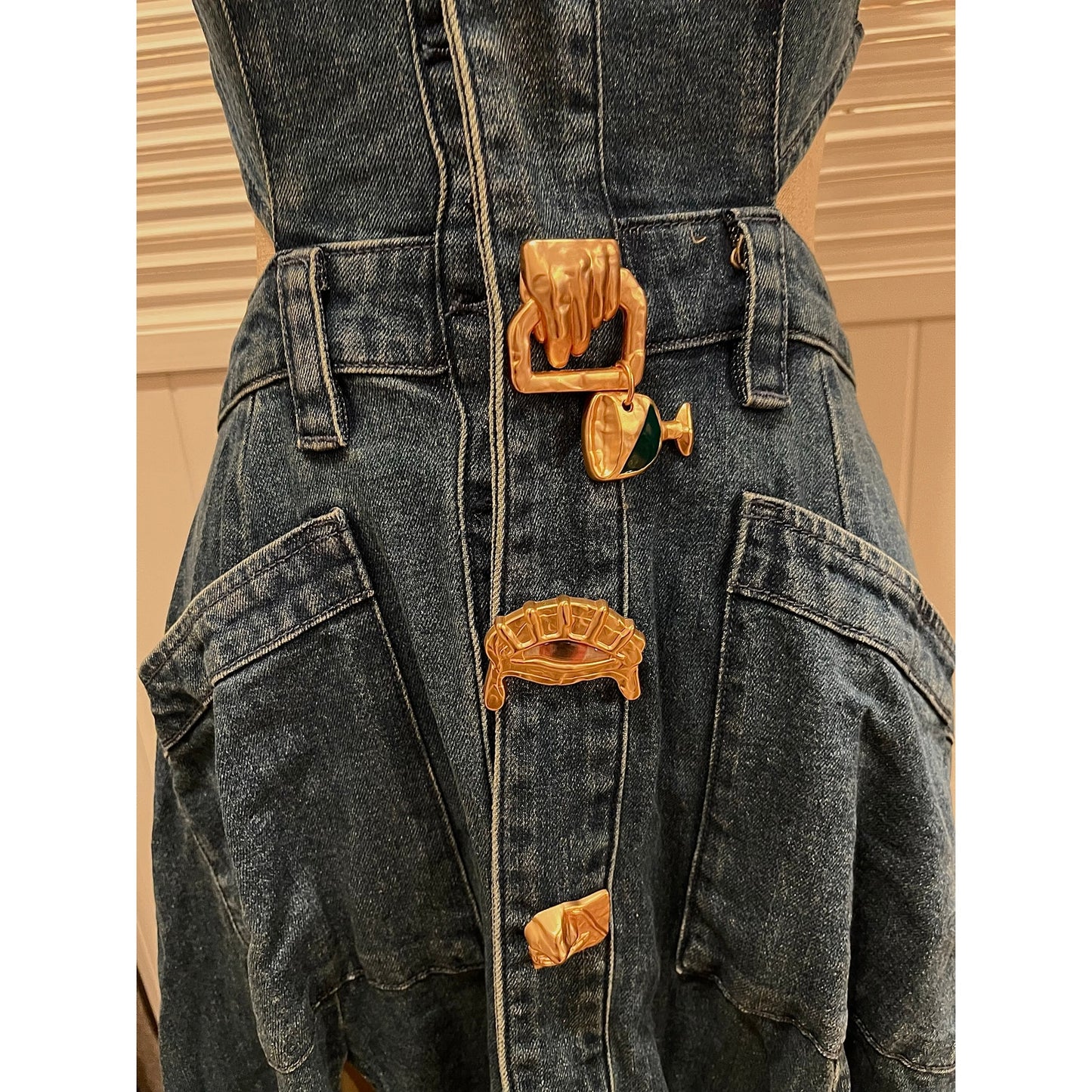 Urban Revivo Cut Out Stretchy Sleeveless Maxi Denim Dress with Artistic Buttons