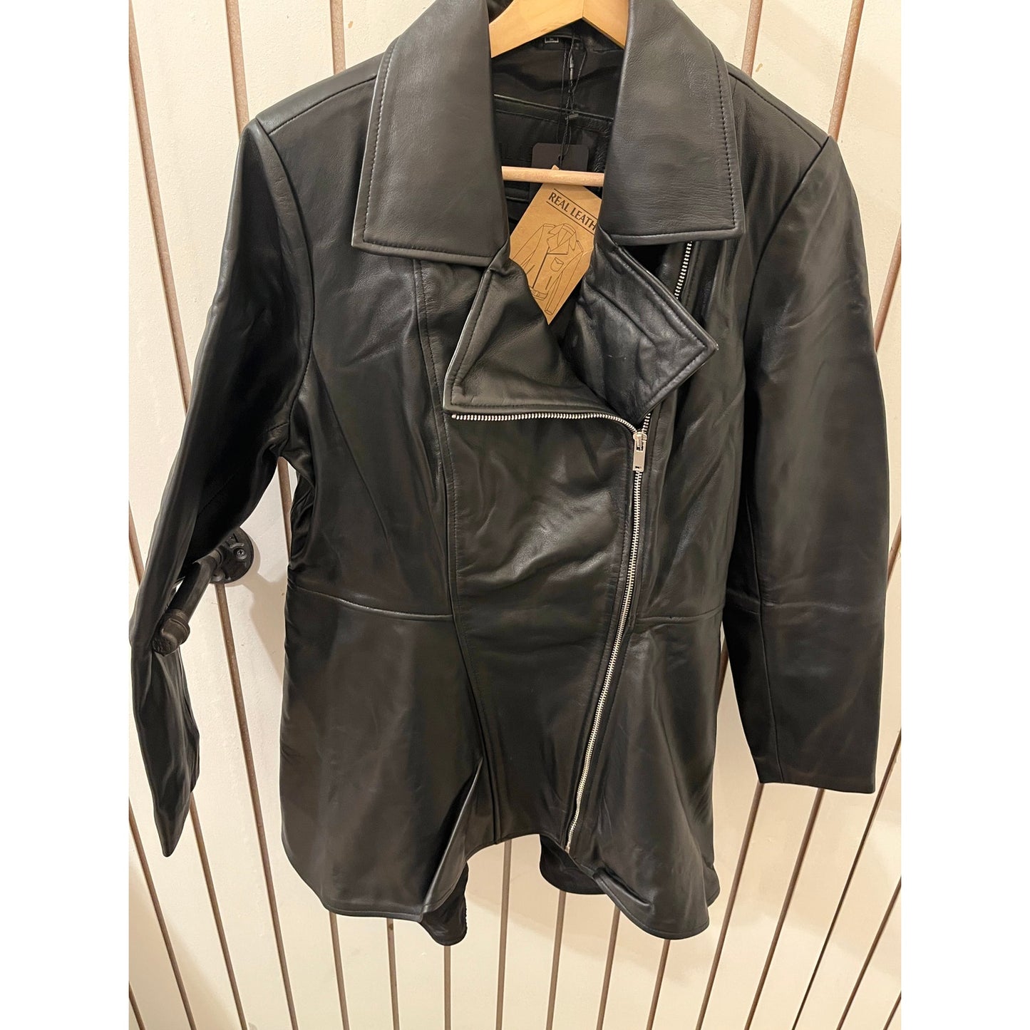 Decrum Genuine Leather Jacket - Clarissa Womens Black Asymmetrical Peplum - L