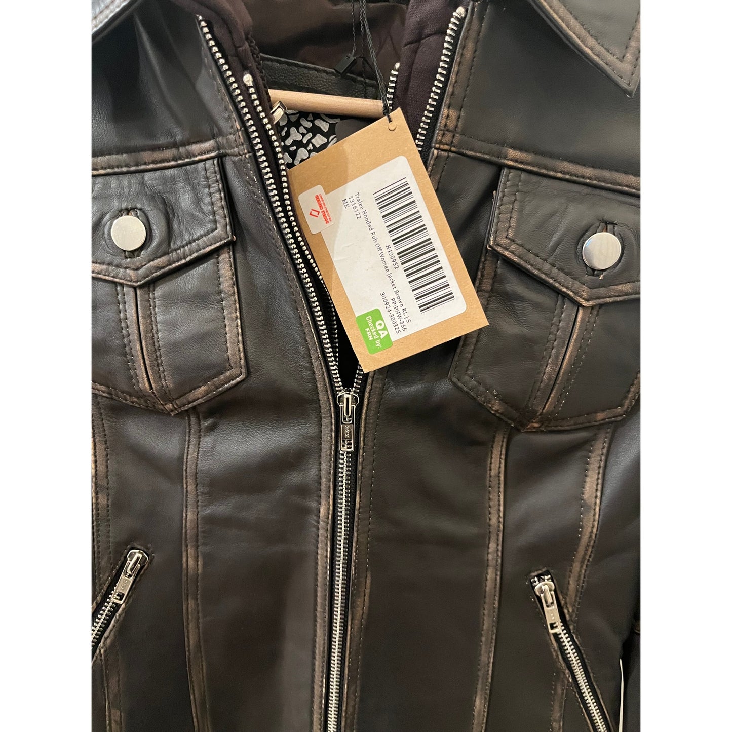 Decrum Genuine Leather Tralee Women Dark Brown Bomber Jacket With Removable Hood - S