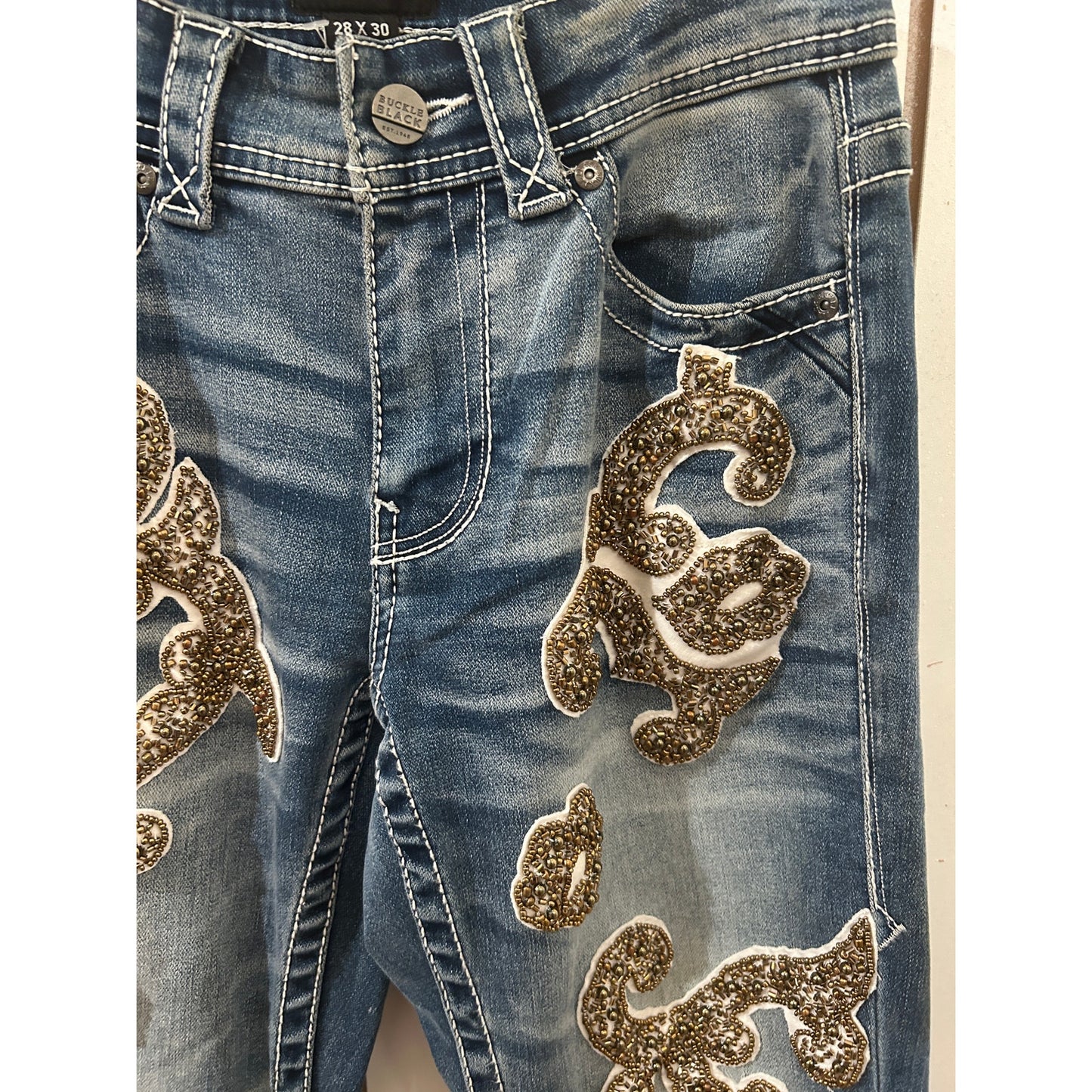 Buckle Black Embellished Denim One of a Kind