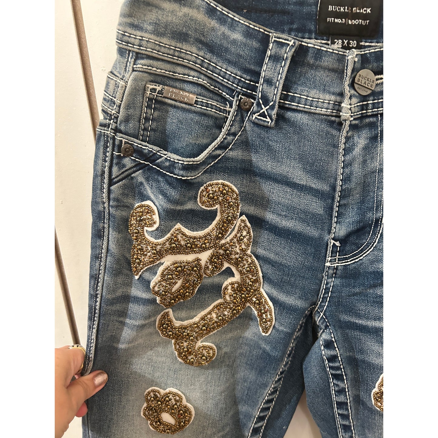 Buckle Black Embellished Denim One of a Kind