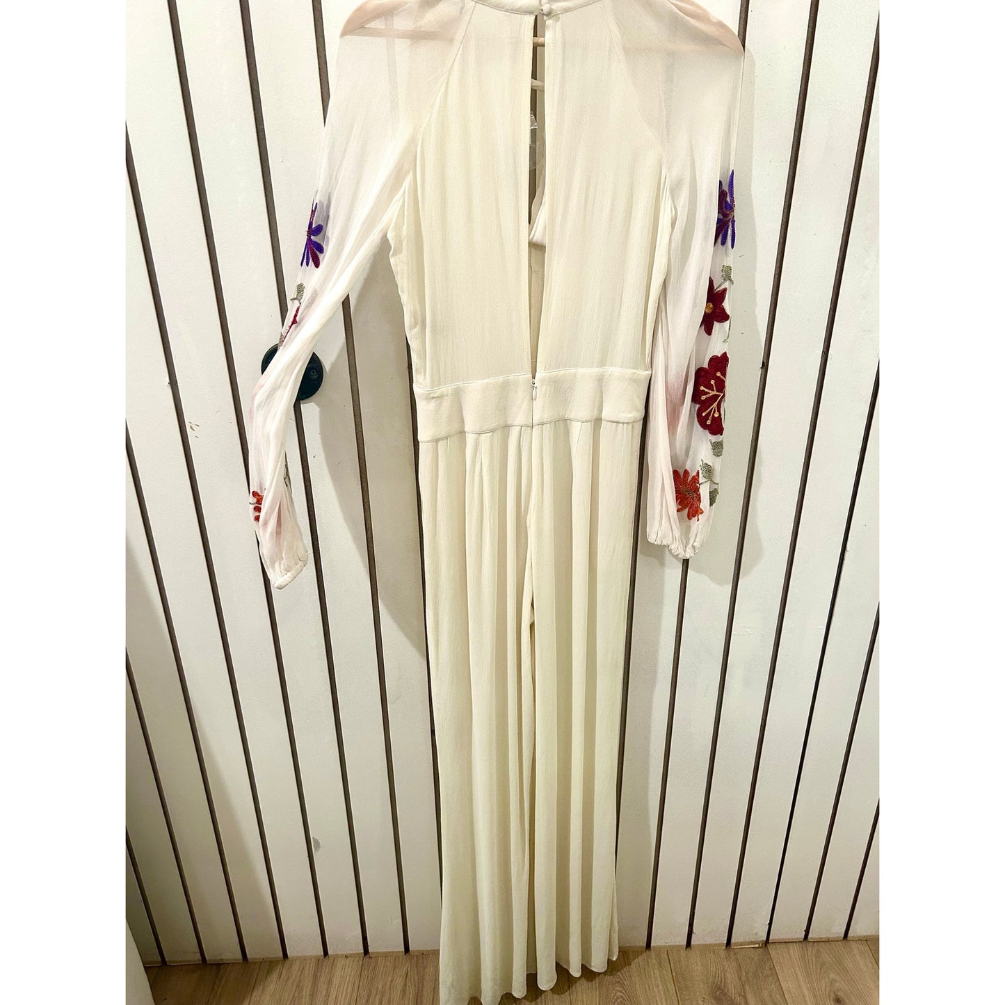 Free People Cream Embroidered Long Sleeve Jumpsuit