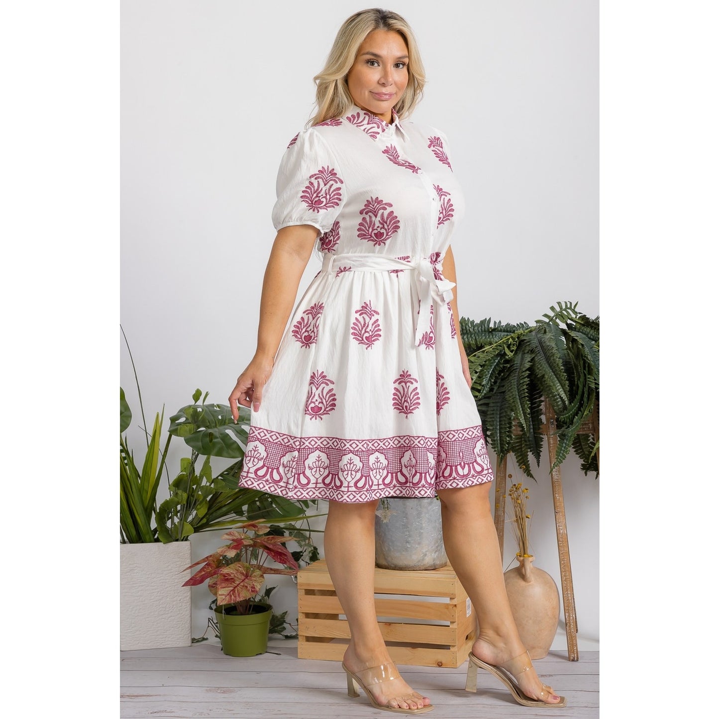 Pink and White Embroidered Plus Size Dress