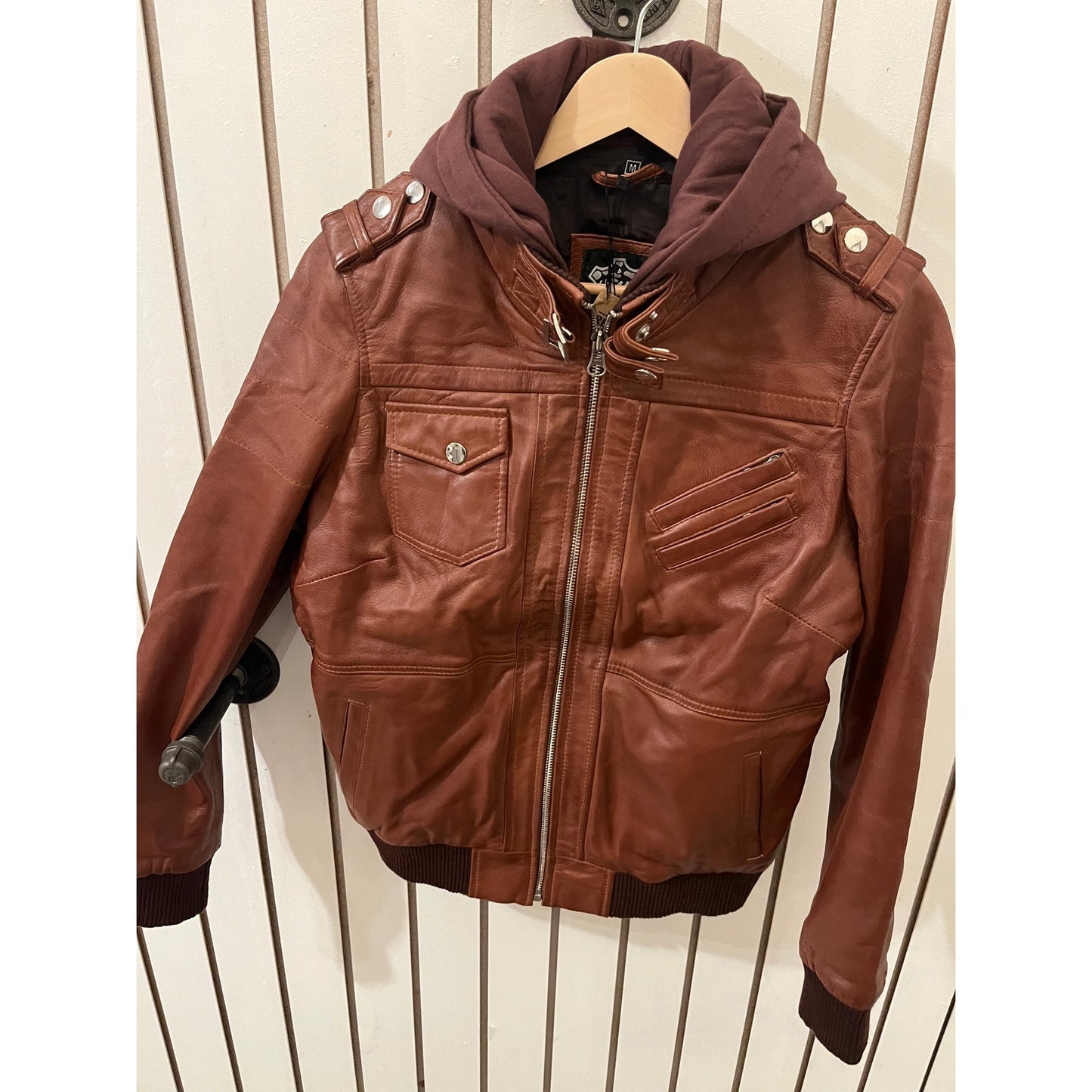 Decrum Edinburgh Genuine Leather Jacket with Removal Hood Size M Cognac