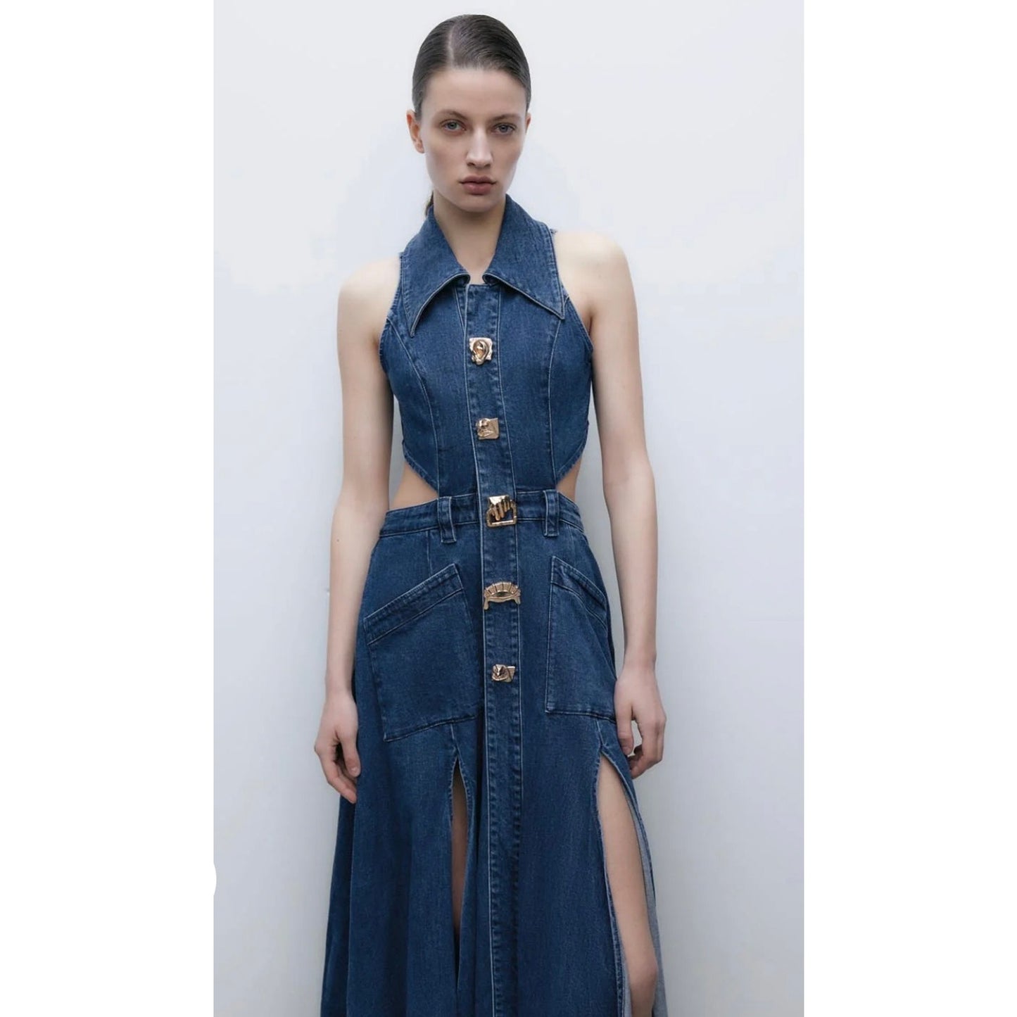 Urban Revivo Cut Out Stretchy Sleeveless Maxi Denim Dress with Artistic Buttons