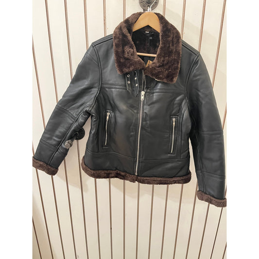 FJacket Genuine Leather Jacket - Francis Black with Vintage Brown Sherling Size M NWT
