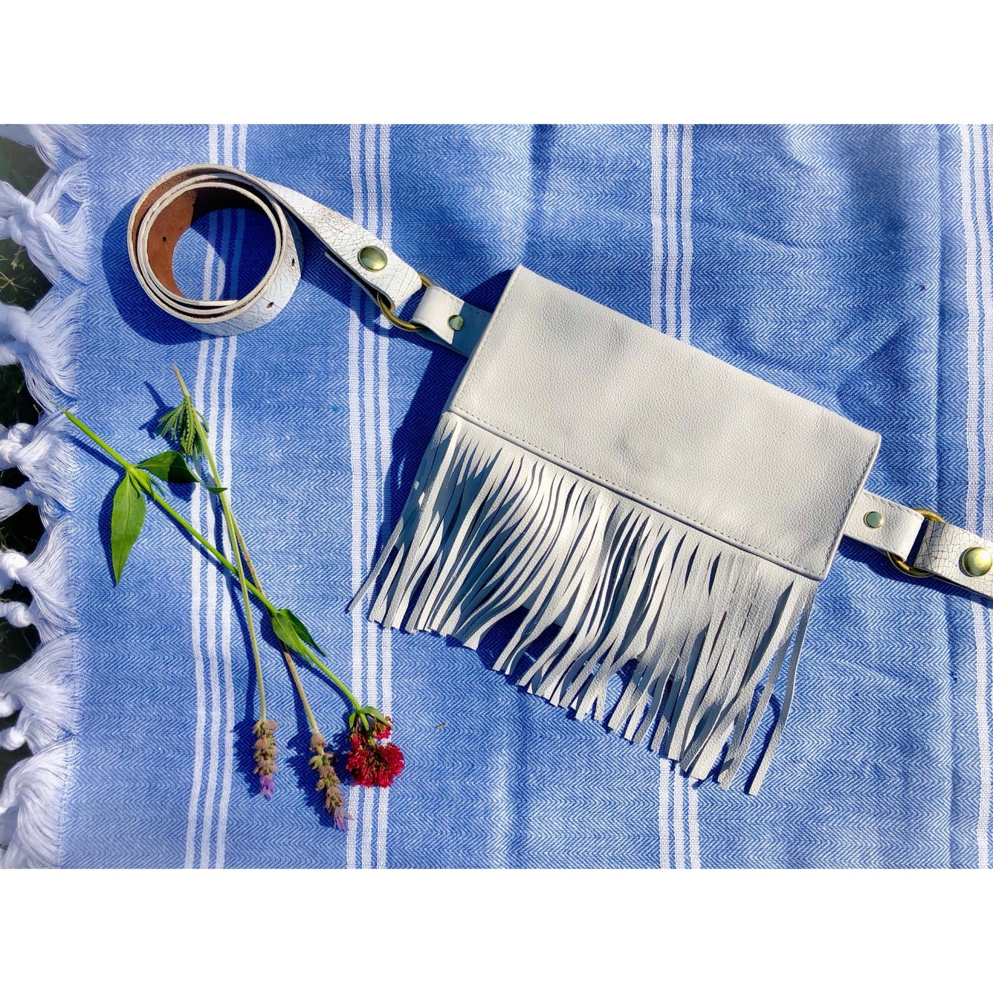 Magali White Leather Fringe Belt Bag