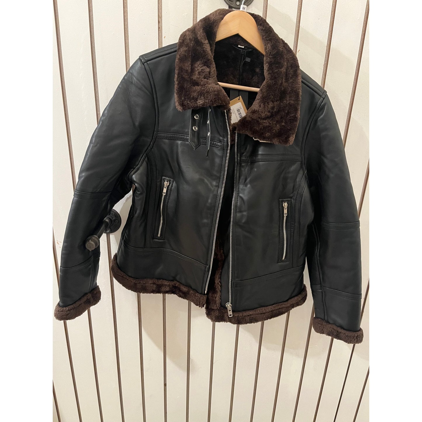 FJacket Genuine Leather Jacket - Francis Black with Vintage Brown Sherling Size M NWT
