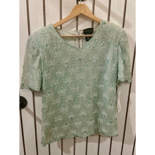 Chaudry Silk Beaded Teal and White Blouse Size M