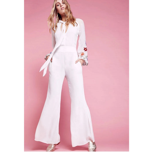 Free People Cream Embroidered Long Sleeve Jumpsuit