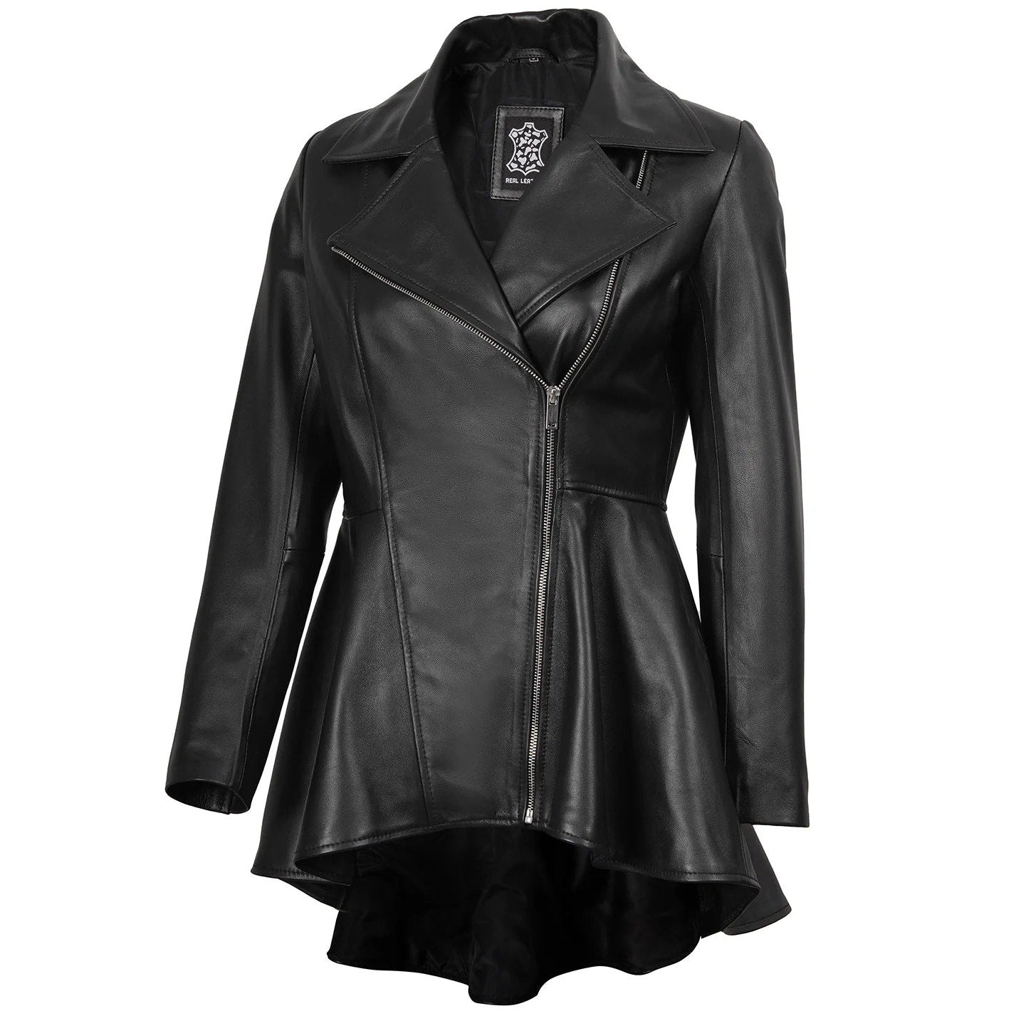 Decrum Genuine Leather Jacket - Clarissa Womens Black Asymmetrical Peplum - L