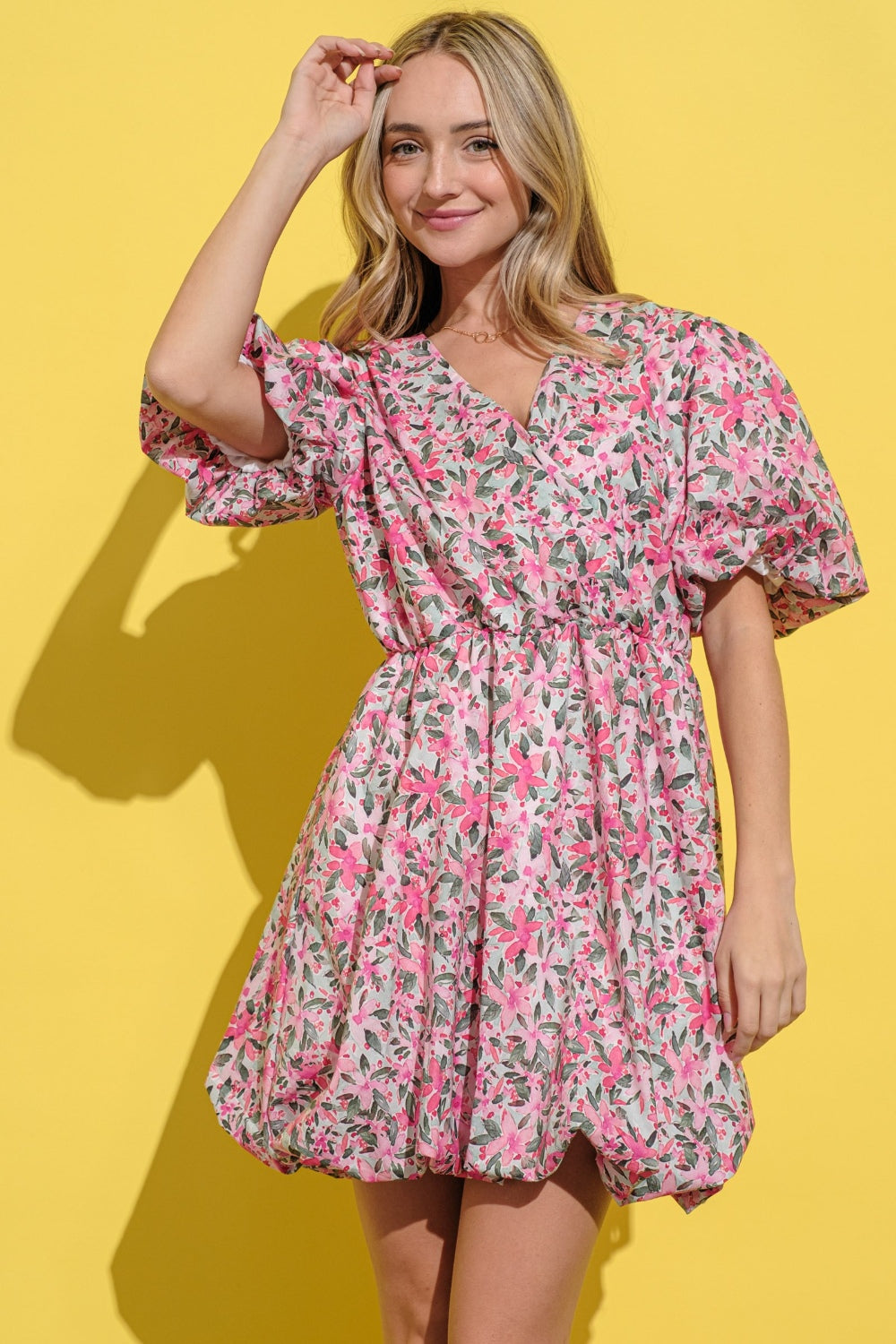 pink and white puff sleeve dress Off-White Pink Floral Mini Dress With Puff Sleeves