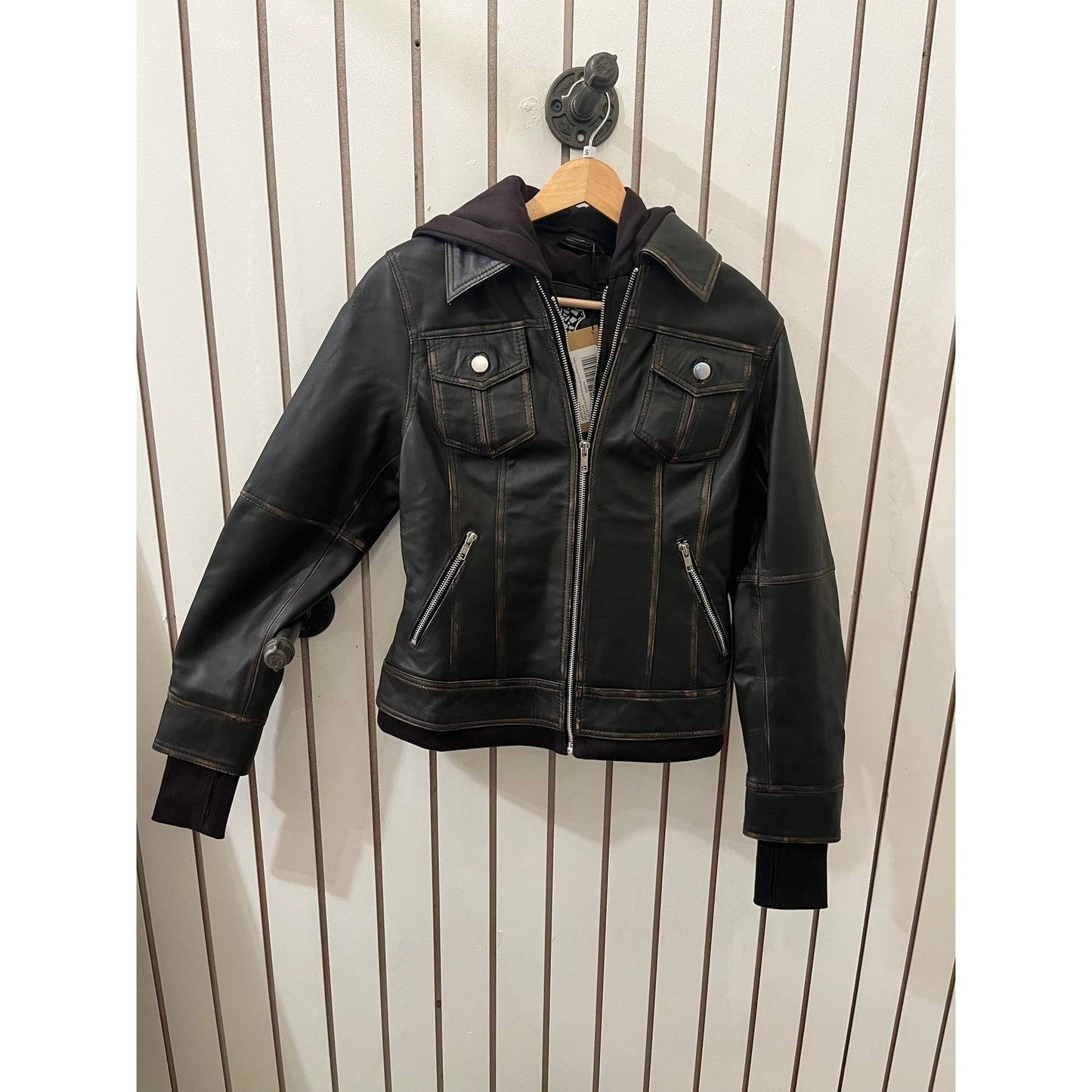 Decrum Genuine Leather Tralee Women Dark Brown Bomber Jacket With Removable Hood - S
