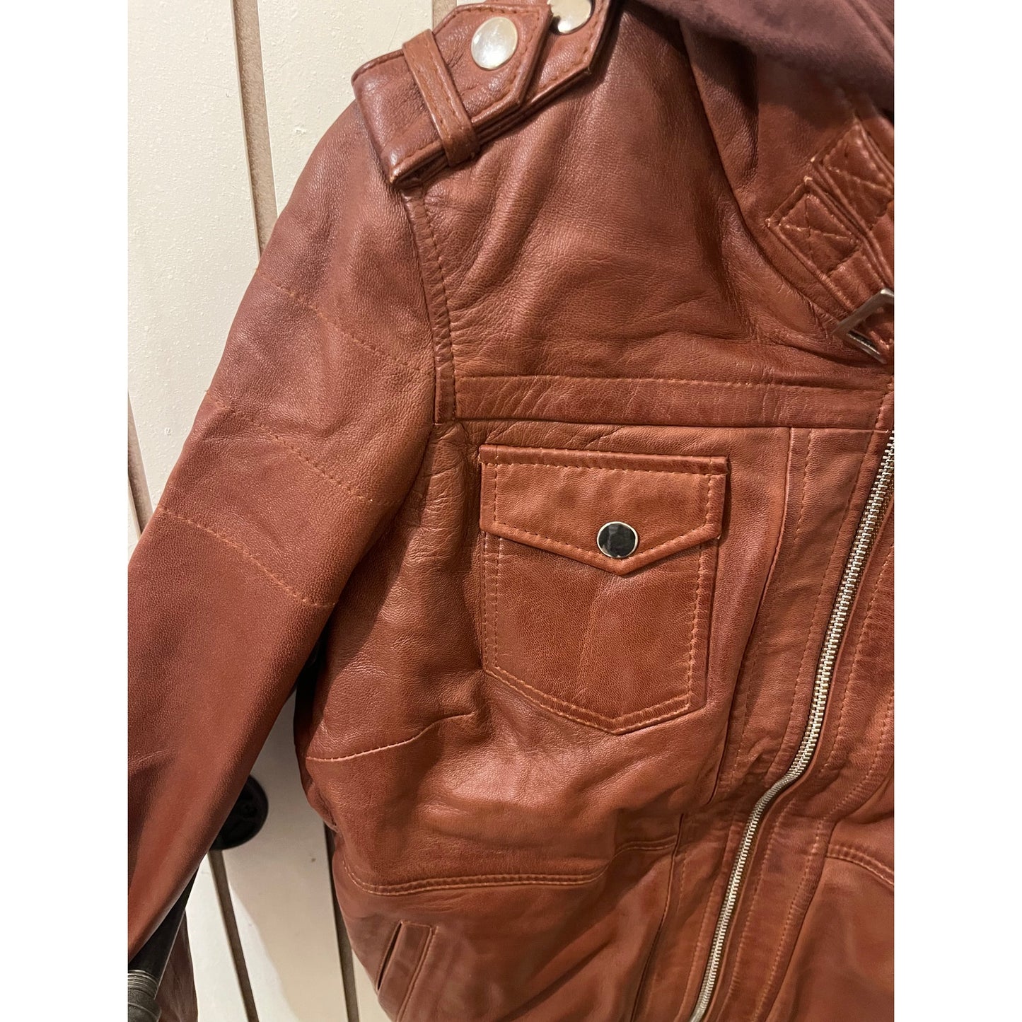 Decrum Edinburgh Genuine Leather Jacket with Removal Hood Size M Cognac
