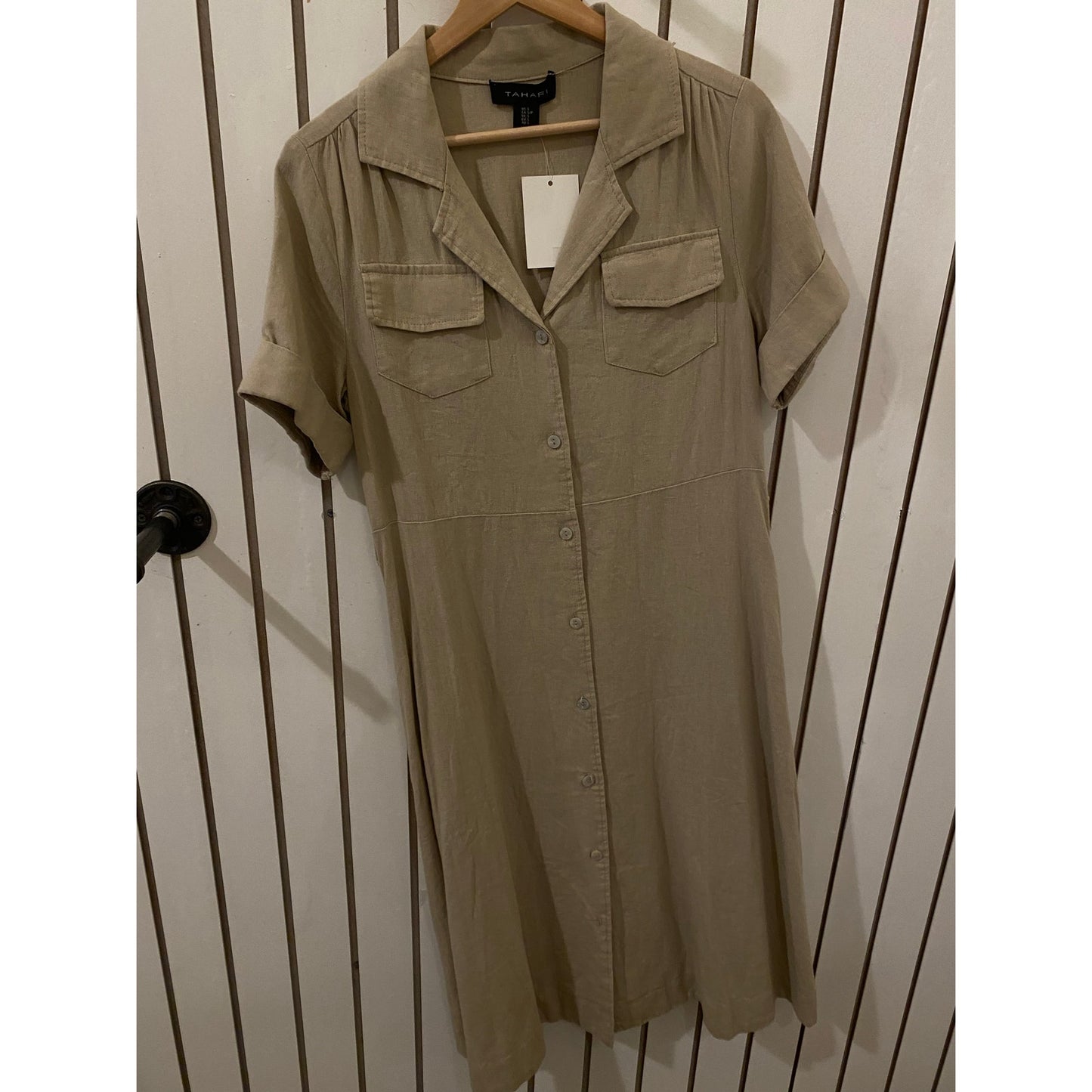 Tahari Army Green Linen Button-Down T‑Shirt Dress