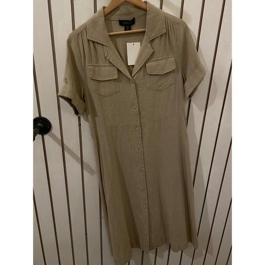Tahari Army Green Linen Button-Down T‑Shirt Dress