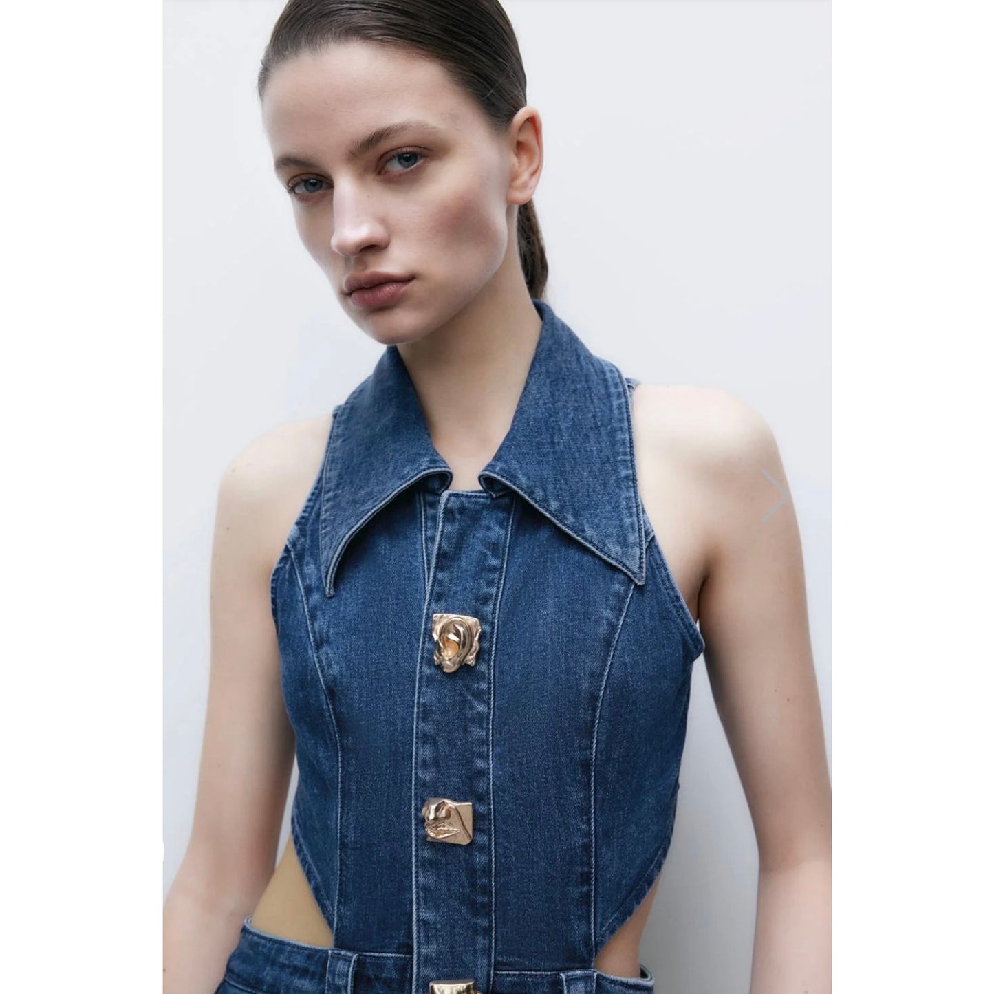 Urban Revivo Cut Out Stretchy Sleeveless Maxi Denim Dress with Artistic Buttons