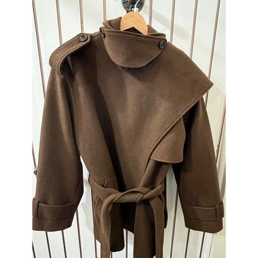 Urban Revivo Funnel Neck Belted Wool Blend Scarf Coat, Brown, Size 8 NWT