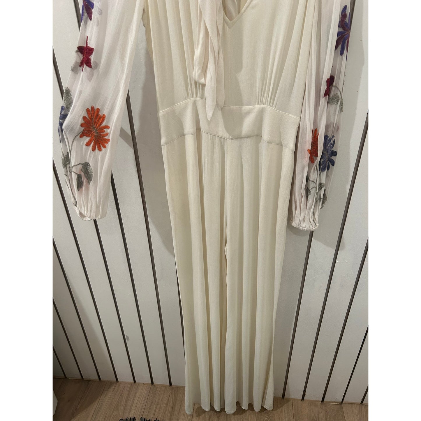 Free People Cream Embroidered Long Sleeve Jumpsuit