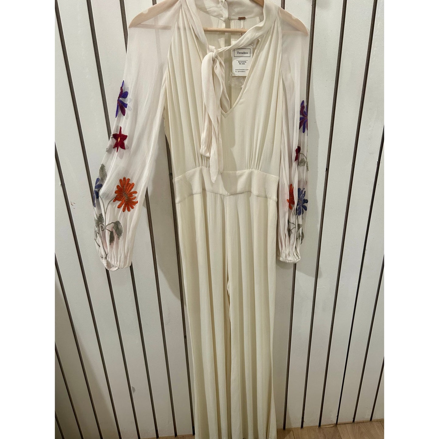 Free People Cream Embroidered Long Sleeve Jumpsuit