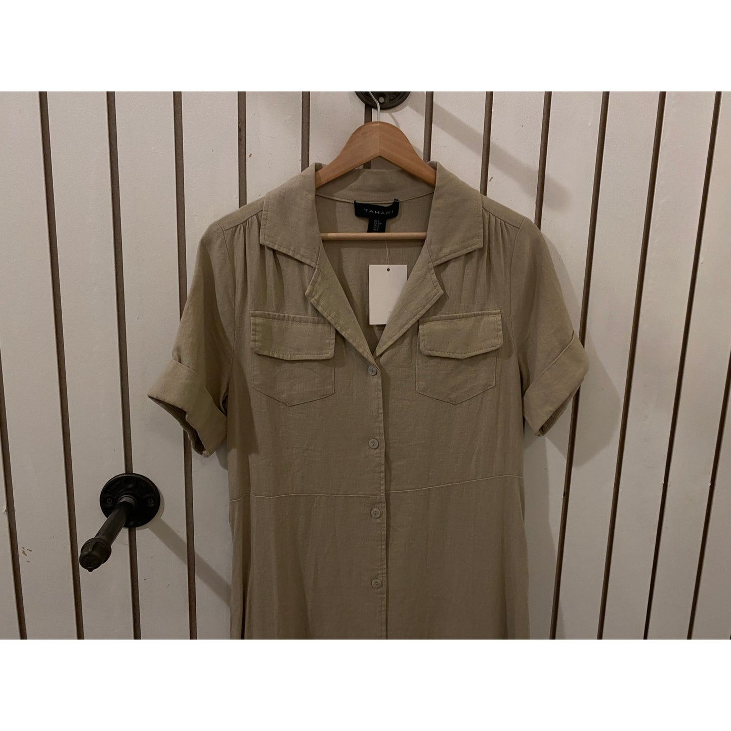 Tahari Army Green Linen Button-Down T‑Shirt Dress