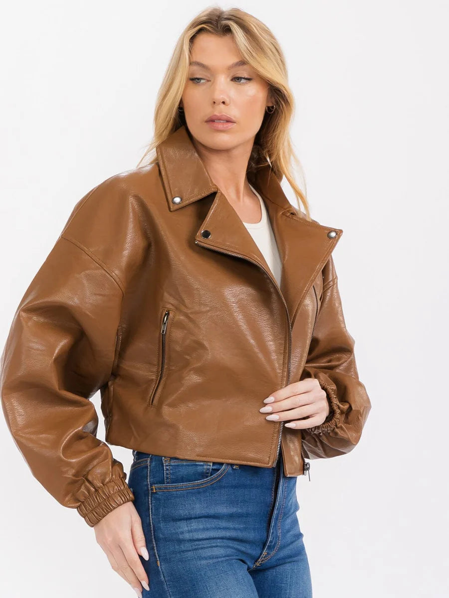 Camel Vegan Leather Moto Jacket