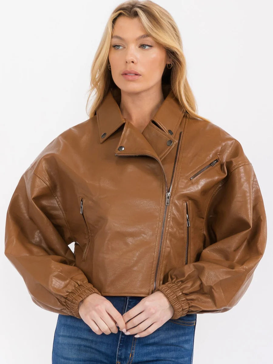 Camel Vegan Leather Moto Jacket